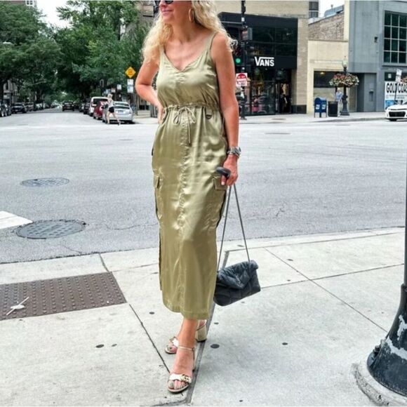 Anthro x Love The Label Utility Satin Maxi Dress in Sage Olive Green - Picture 1 of 13